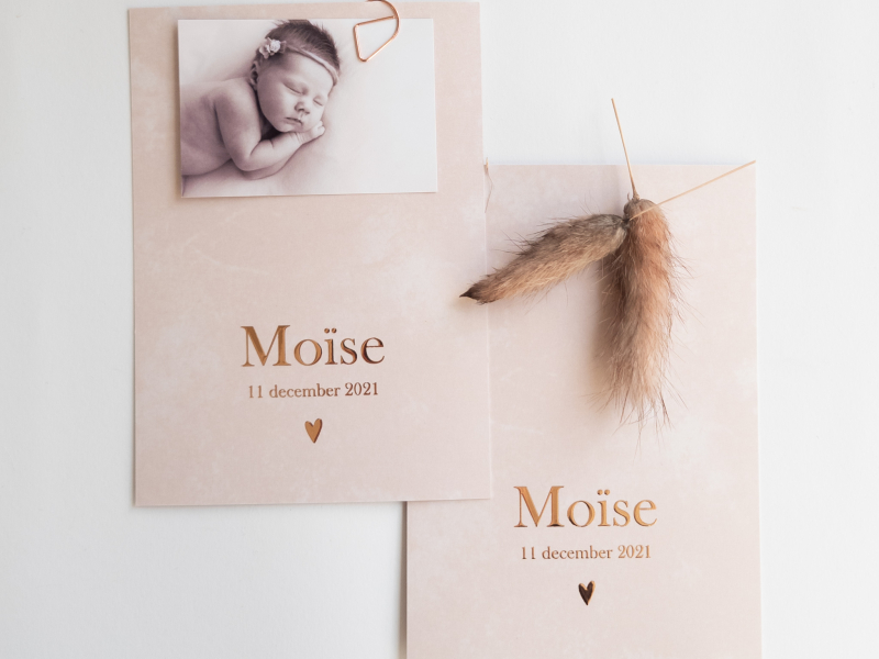 Moïse geboortekaartje  zacht roze beige watercolor met koperfolie roséfolie en foto met paperclip met en zonder foto sfeer