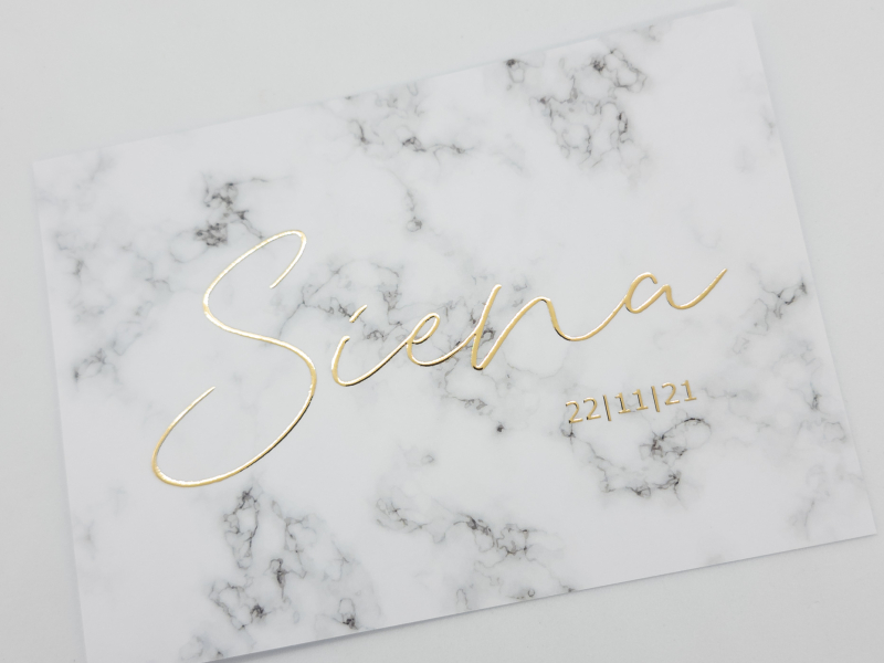 geboortekaartjes met goudfolie meisje met marmerprint en fotokaartje Siena