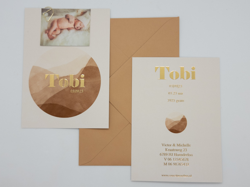 geboortekaartjes met goudfolie jongen natuur tinten Tobi en fotokaartje