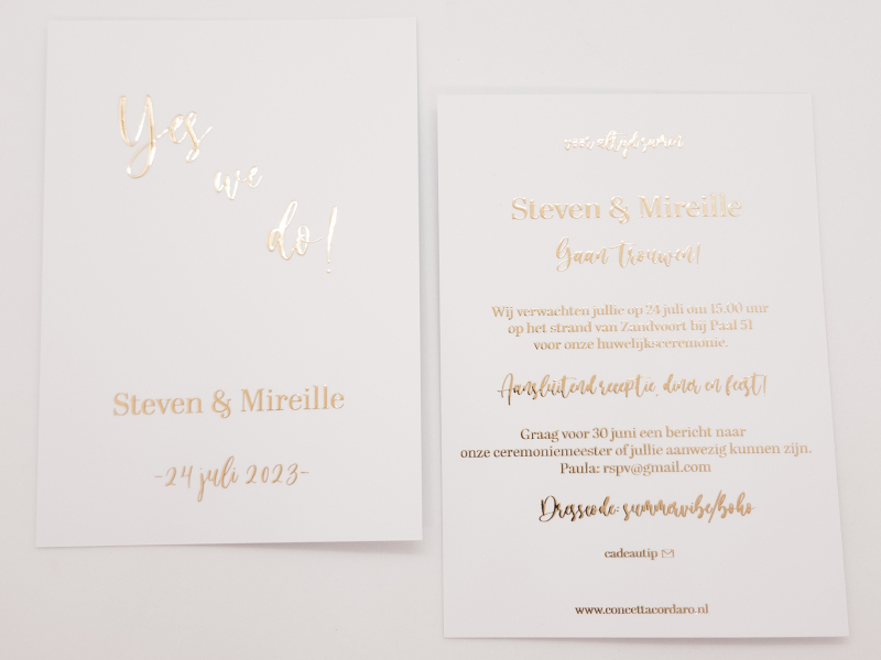 Trouwkaart Steven en Mireille wit met goud