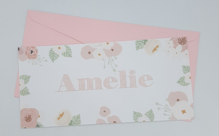 budget geboortekaartje meisje langwerpig Amelie met bloemenprint roze