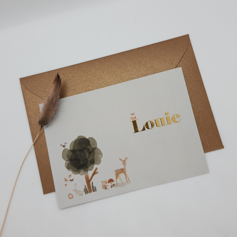geboortekaartje jongen met goudfolie en bos dieren louie geboortekaartje jongen met goudfolie en bos dieren louie