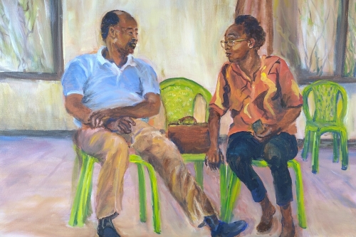 Schilderij door Anneke Dekkers, twee deelnemers van training aan het praten