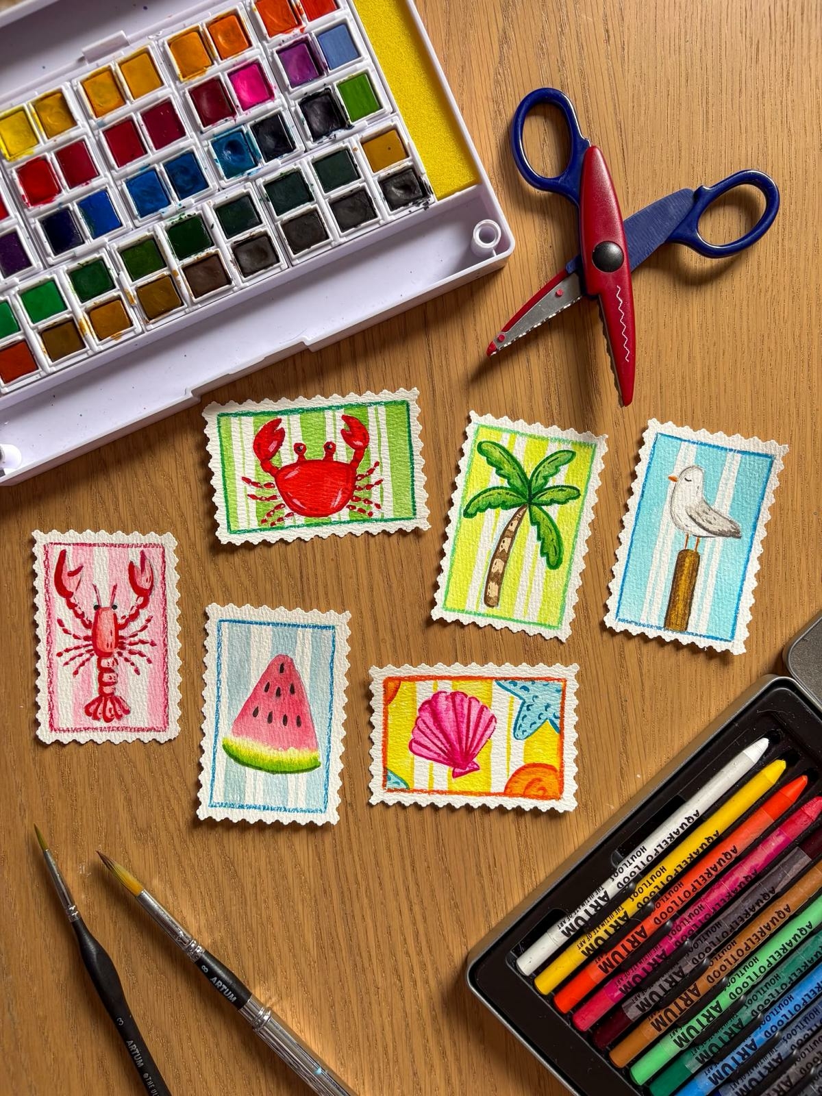 Vakantie postzegels schilderen met aquarel