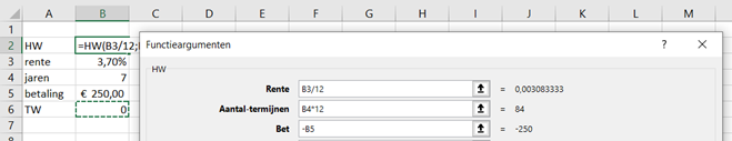 betaling functie HW in Excel