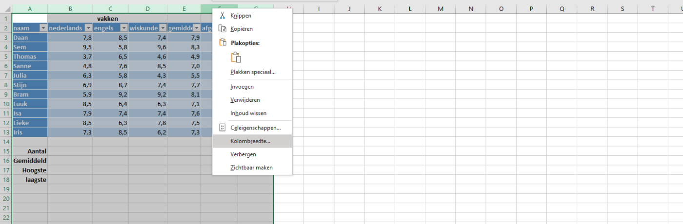 Kolombreedte of rijhoogte instellen in Excel