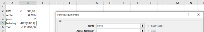 rentepercentage functie BET in Excel