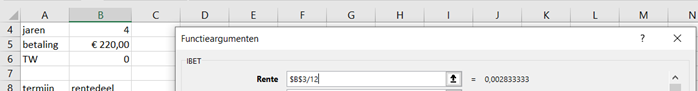 rentepercentage functie IBET in Excel