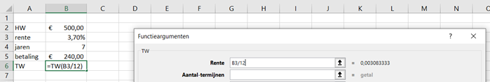 rentepercentage functie TW in Excel