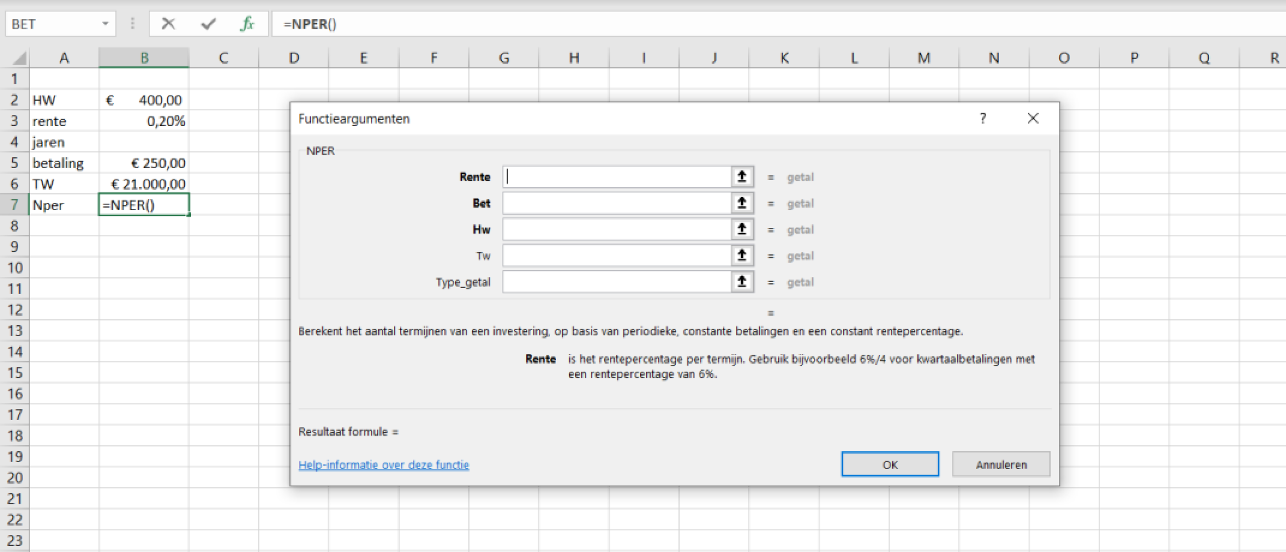 Werken met de functie Nper in Excel