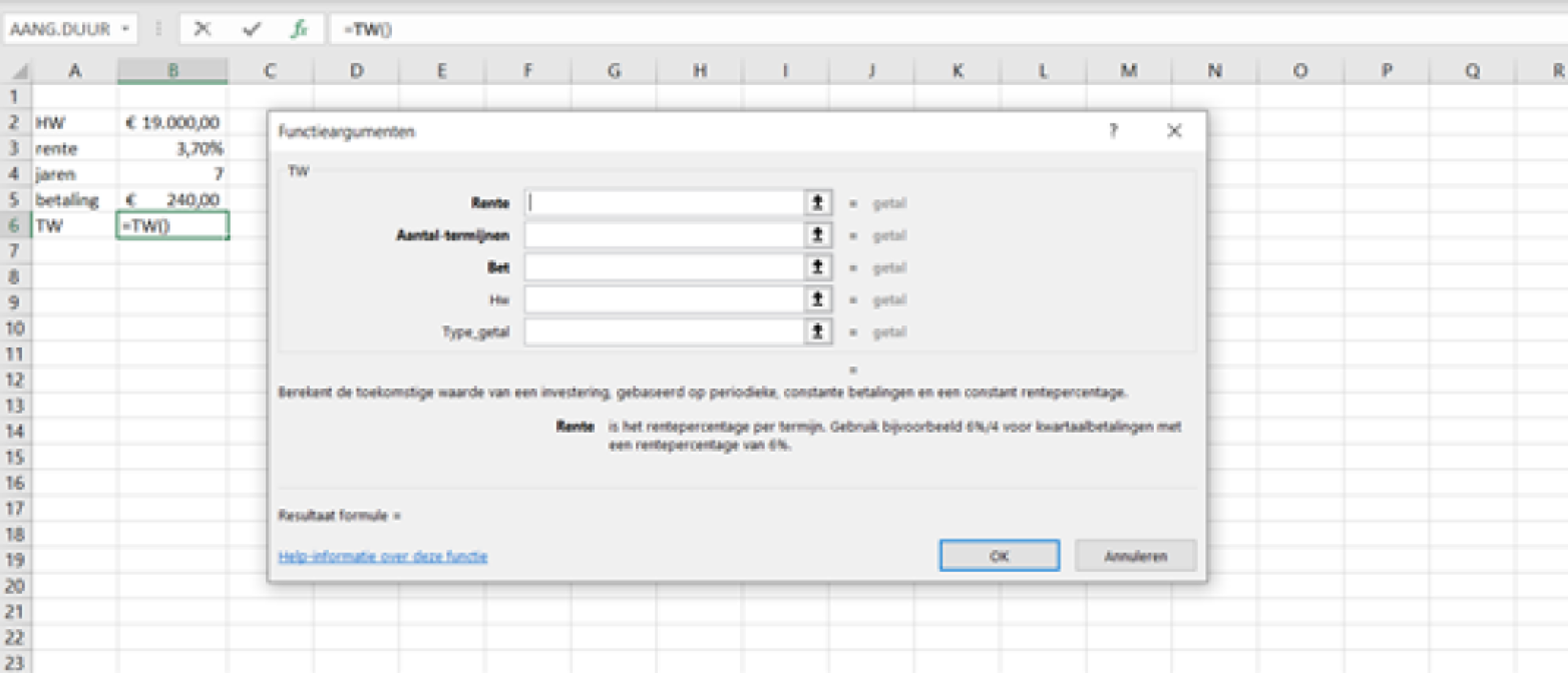 Werken met de functie TW in Excel