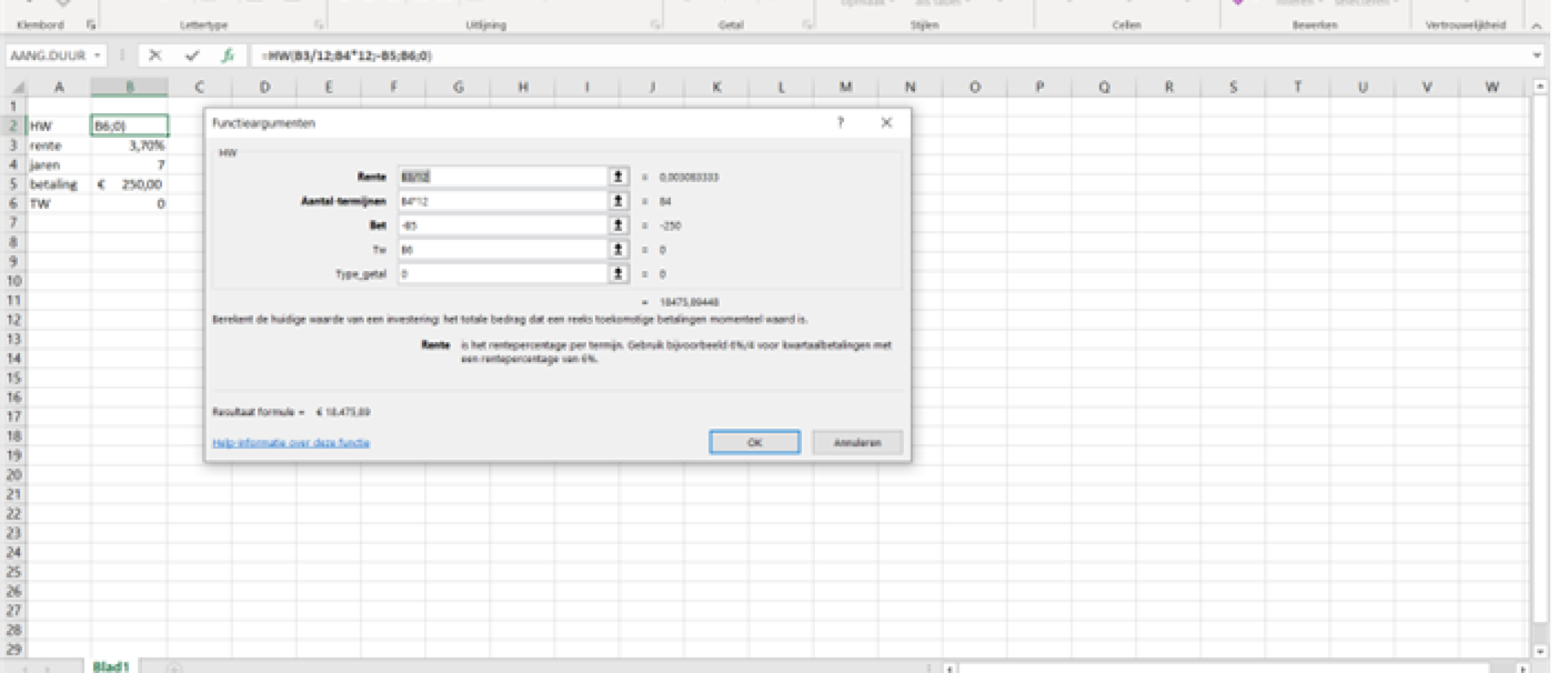 Werken met de functie HW in Excel