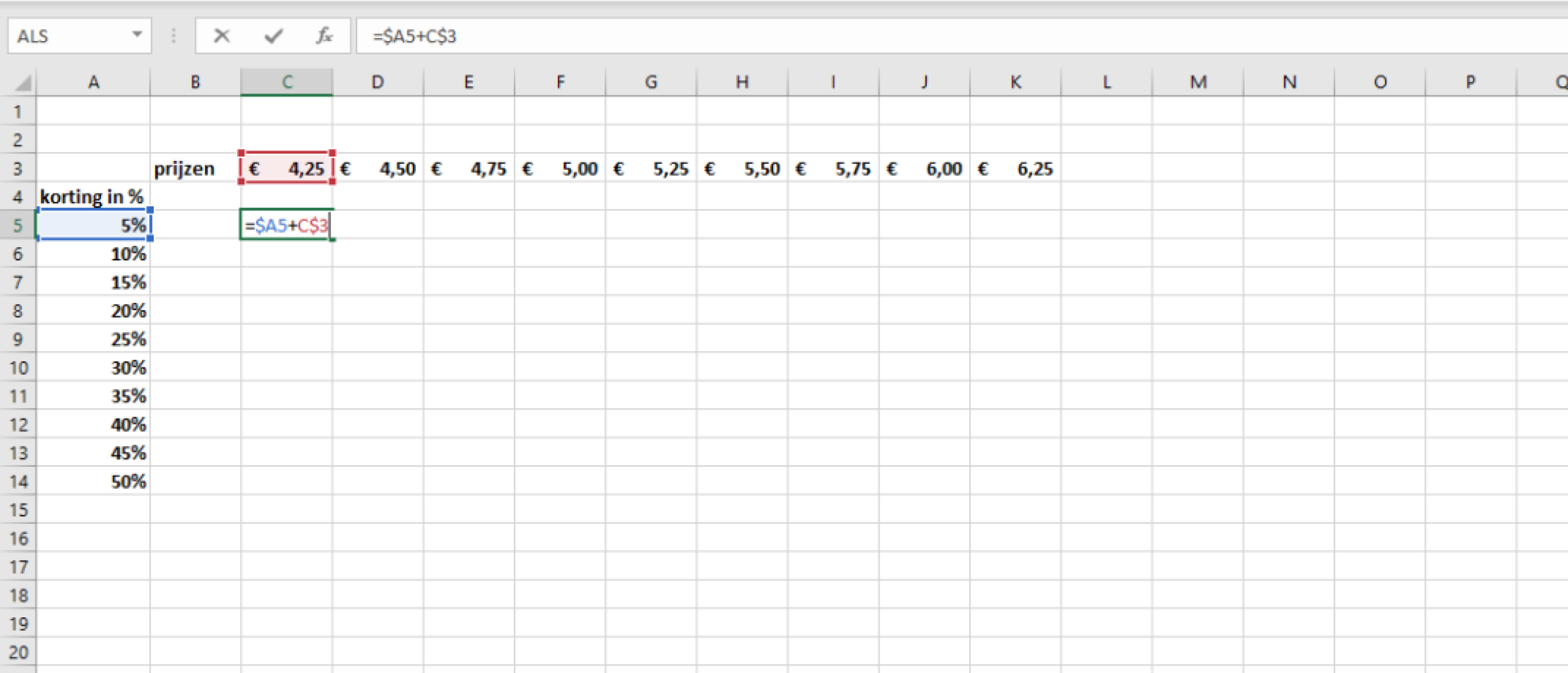 gemengde celverwijzingen in Excel