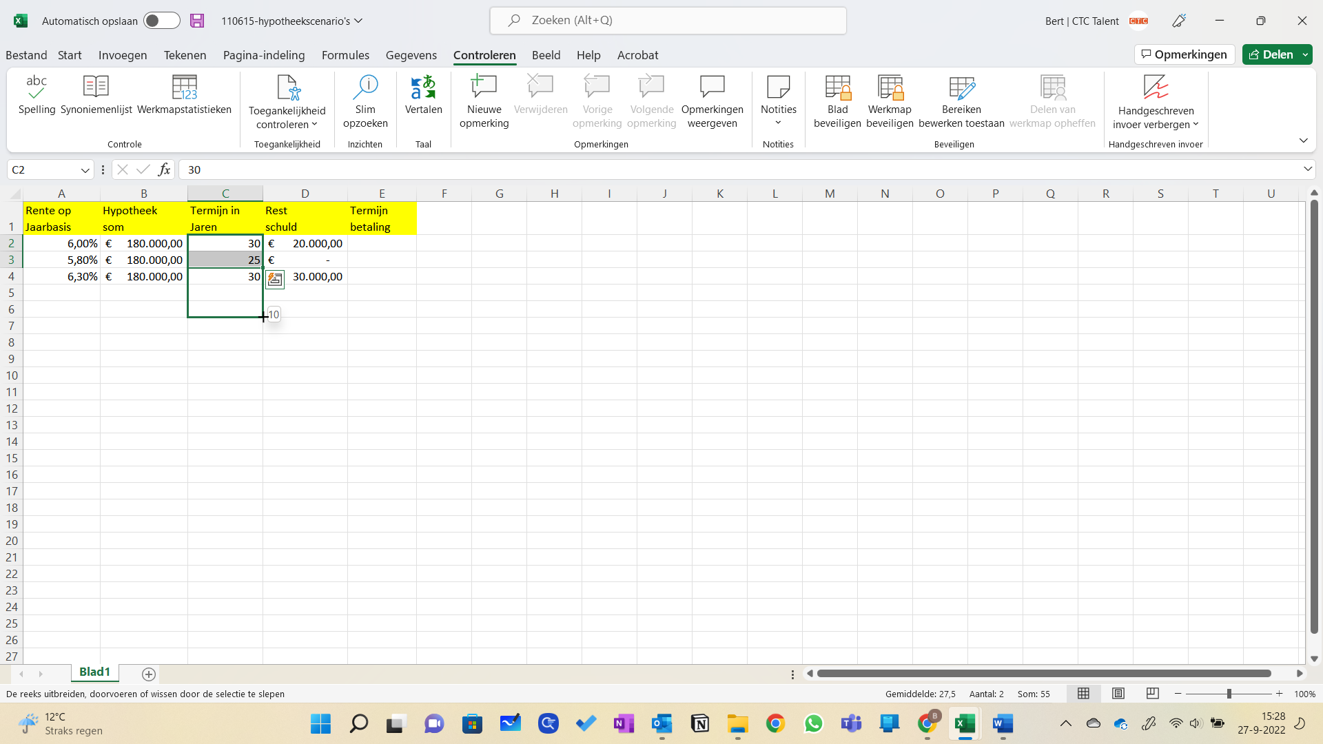 Kopiëren met de vulgreep in Excel