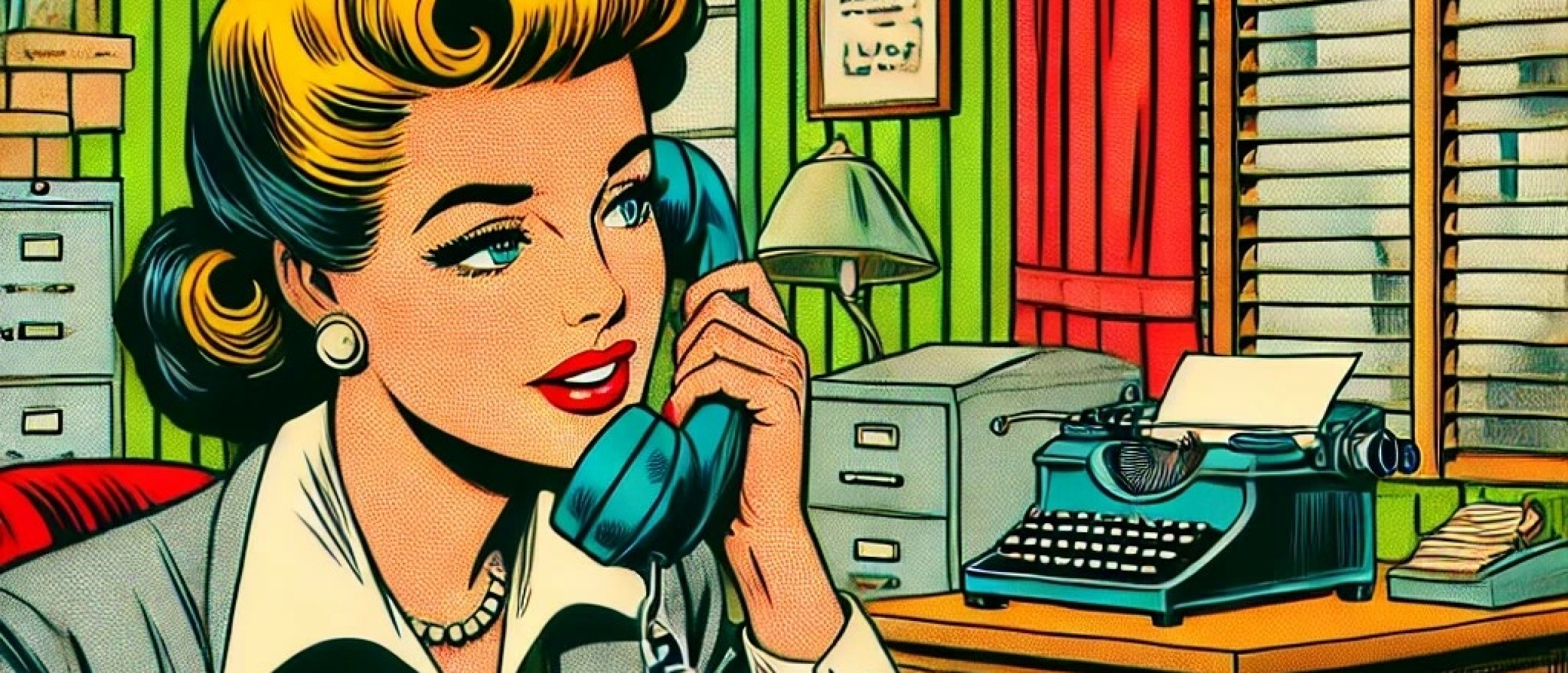 Vrouw aan het bellen voor typmachine, jaren 50 stijl