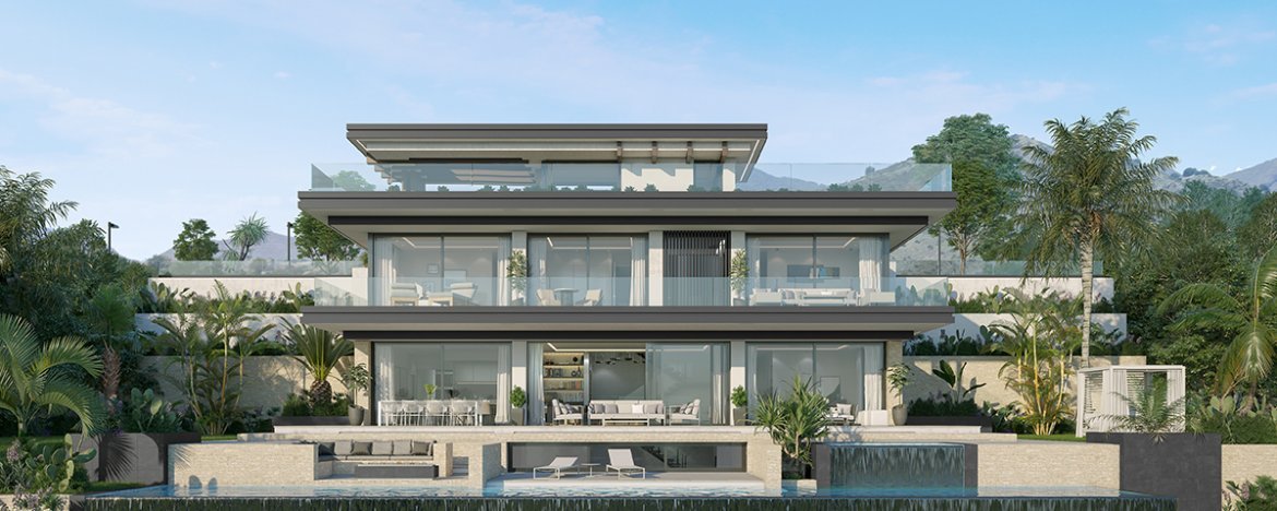 Moderne Villa in Elviria zu verkaufen mit spektakulärem Meer und Bergblick