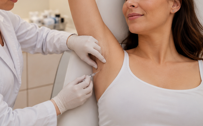 Cosmetisch specialist voert een botoxbehandeling uit bij de oksel om overmatig zweten te verminderen.