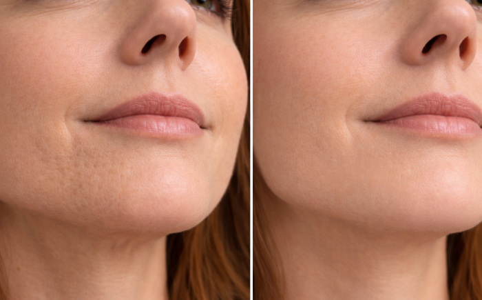 Botox kin voor en na resultaat waarbij putjes in de kin zichtbaar verminderen en de huid gladder oogt