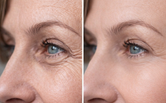 Botox kraaienpootjes – natuurlijk voor en na resultaat Botox kraaienpootjes voor en na resultaat met zichtbaar verzachte lachrimpels rond de ogen