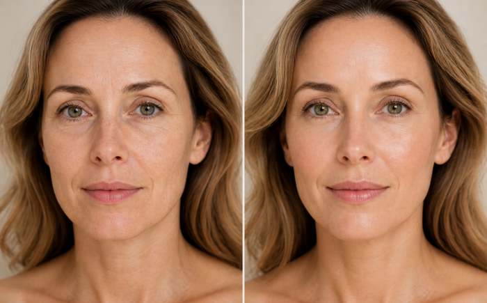 Subtiel verschil in huidkwaliteit na collageen booster behandeling met meer glow en stevigheid
