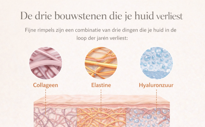 De drie bouwstenen die je huid verliest Illustratie van huidopbouw met collageen, elastine en hyaluronzuur die afnemen bij huidveroudering