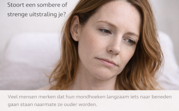 Vrouw met hangende mondhoeken waardoor het gezicht een sombere of vermoeide uitstraling krijgt