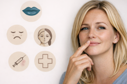 Vrouw raakt haar bovenlip aan als illustratie van mogelijke tijdelijke bijwerkingen van een lipflip behandeling