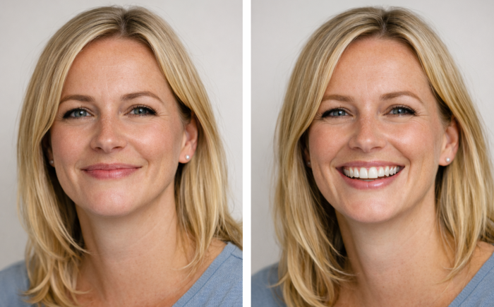 Voor en na lipflip behandeling met Botox: subtiel verschil in lach waarbij de bovenlip minder omhoog trekt en het resultaat natuurlijk oogt na twee weken