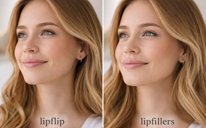 Vergelijking tussen lipflip en lipfillers waarbij subtiele bovenlip en vollere lippen zichtbaar zijn