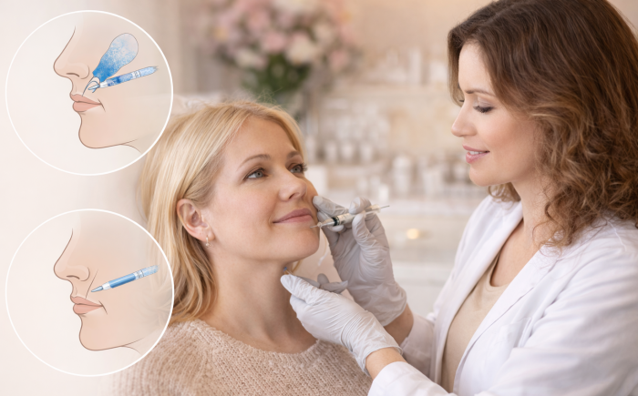 Natuurlijke aanpak bij behandeling van neus-lippenplooien Cosmetisch arts brengt subtiel filler aan in wang en neus-lippenplooi bij een vrouw in een lichte kliniek voor een natuurlijk liftend effect