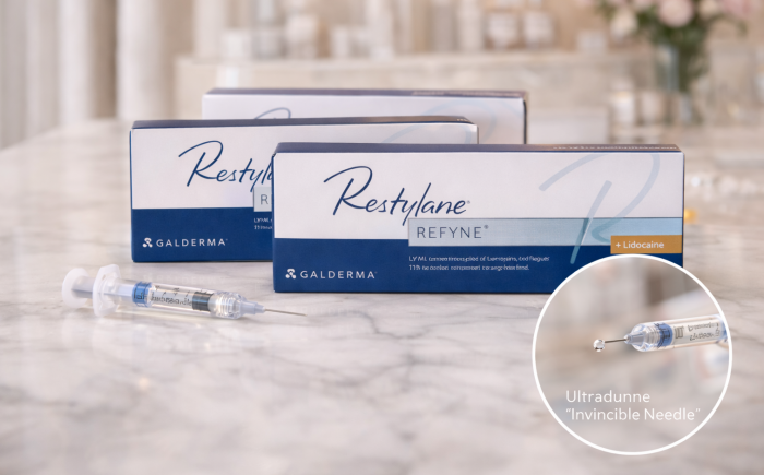 Restylane filler voor veilige en natuurlijke behandeling Hoogwaardige hyaluronzuur filler en injectiespuit in een moderne kliniek, gebruikt voor een veilige en natuurlijke behandeling van neus-lippenplooien
