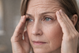 Stoort een vermoeide uitstraling of kraaienpootjes je? Vrouw met fijne lijntjes naast de ogen en licht vermoeide uitstraling