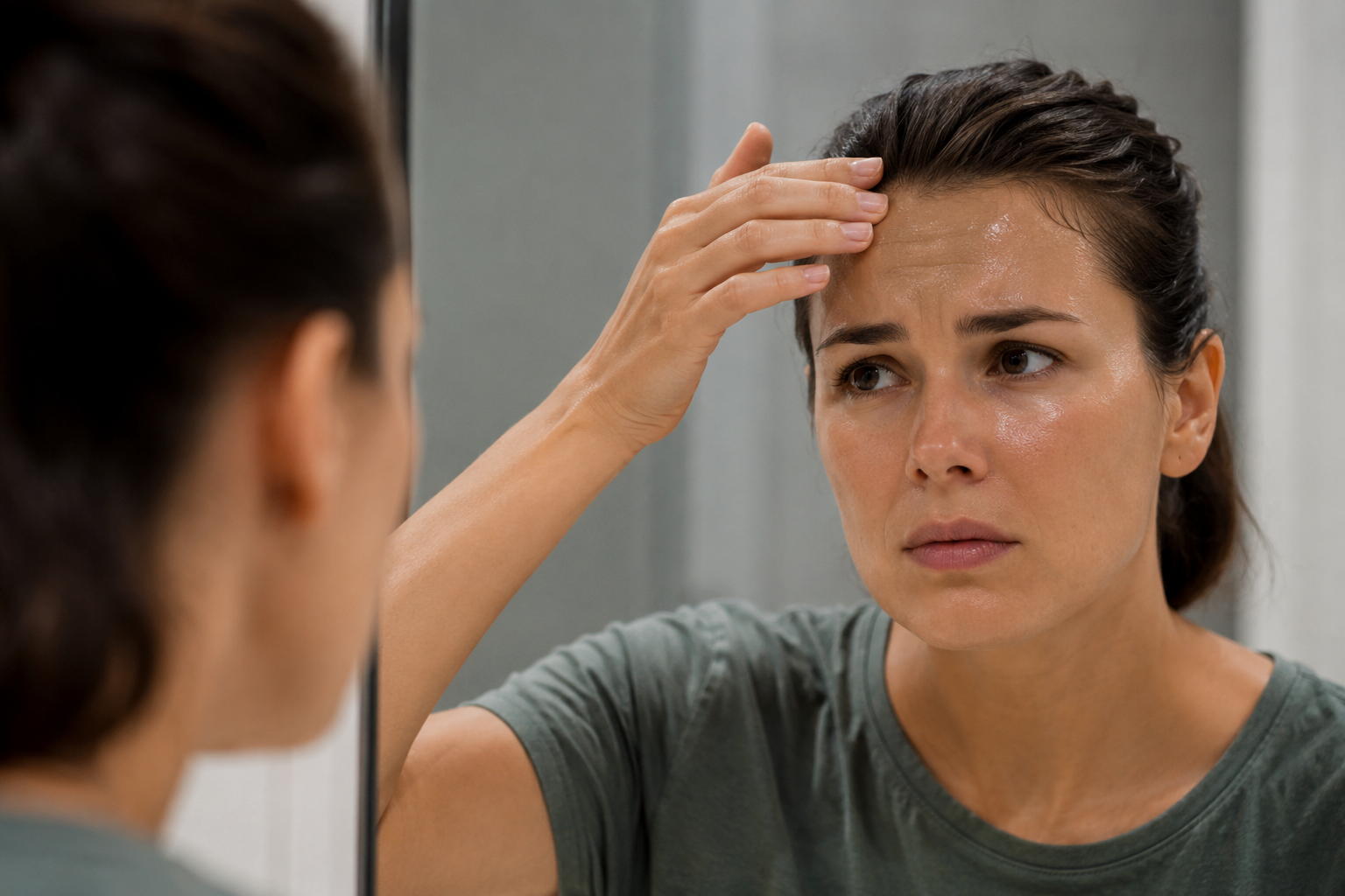 Vrouw kijkt bezorgd in de spiegel naar een glanzend voorhoofd door overmatig zweten bij hyperhidrose.