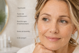 Wat zijn fijne rimpels precies? Vrouw bekijkt fijne rimpels in haar gezicht tijdens huidanalyse met specialist in kliniek