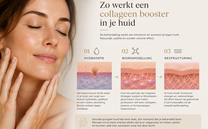 Illustratie van hoe een collageen booster werkt in de huid met hydratatie, collageenaanmaak en huidversteviging