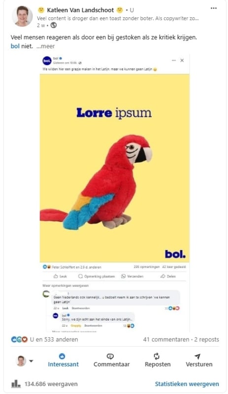 Voorbeeld van een post op LinkedIn met veel bereik van Bol.com