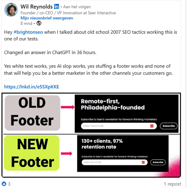 experiment footer SEO-expert Wil Reynoldsrt
