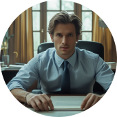 Man aan rommelig bureau