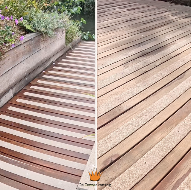 veilig en representatieve houten vlonder door schoonmaken en antislip strips