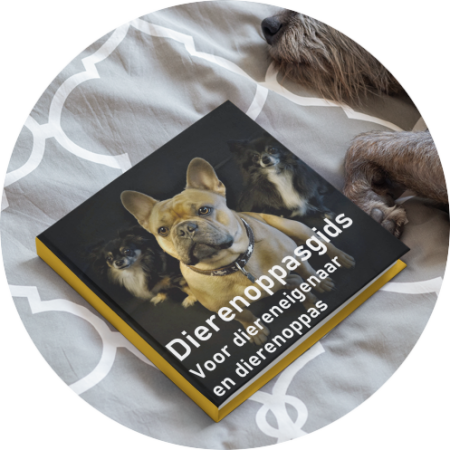 Dierenoppasgids stappenplan downloaden. Boekcover op bed naast een hond.
