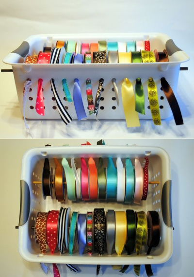 Storing Ribbons Neatly in a Basket with Holes