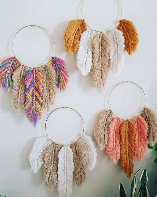 Macramé dreamcatcher example with feathers