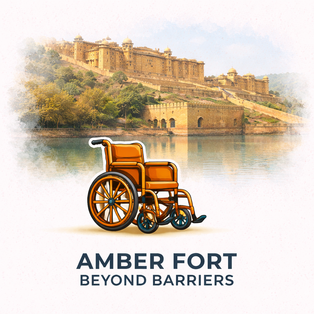 Illustratie van het Amber Fort in Jaipur op een heuvel met een meer op de voorgrond. Onderaan staat een opvallende oranje rolstoel als symbool voor toegankelijk reizen. Onder de afbeelding staat de tekst “Amber Fort – Beyond Barriers”.
