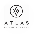 Logo van Atlas Ocean Voyages met een gestileerd kompas-symbool boven de merknaam in moderne, strakke hoofdletters op een witte achtergrond.
