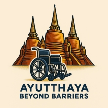Tekening van Ayutthaya tempel met daarvoor een rolstoel
