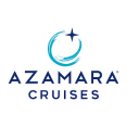 Logo van Azamara Cruises met een gestileerde wereldbol in blauw en wit links van de merknaam in elegante hoofdletters op een witte achtergrond.