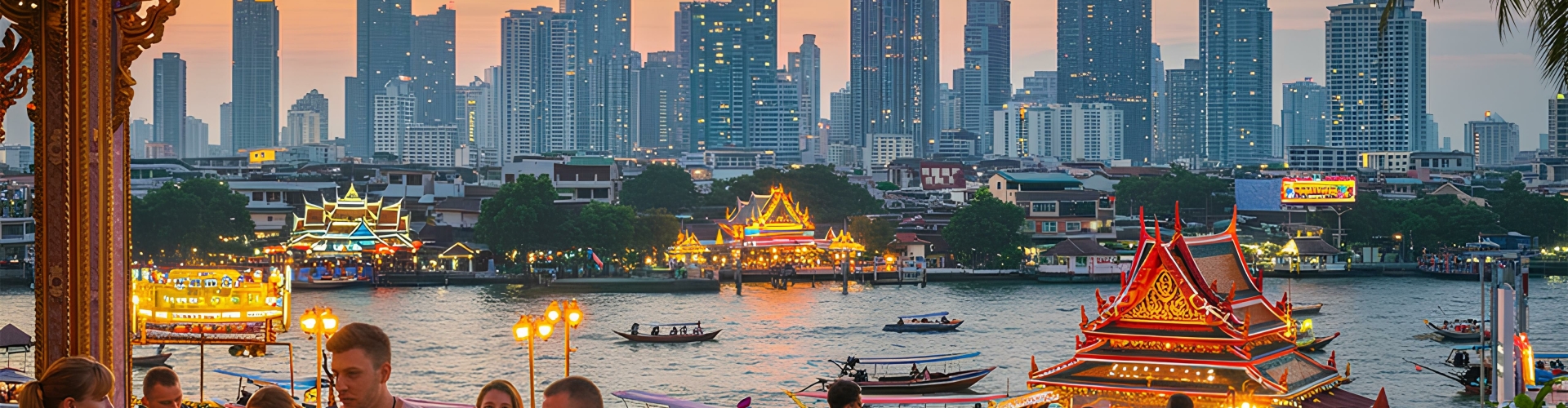 Moderne skyline met wolkenkrabbers en kleurrijke tempeldaken in