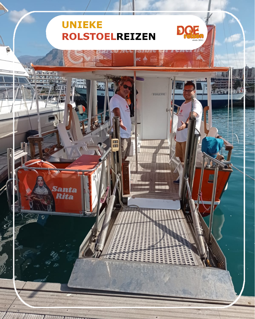 Wat een geweldig initiatief voor een toegankelijke vakantie! Op de afbeelding is de boot Santa Rita te zien, die speciaal is uitgerust voor rolstoelgebruikers in Tenerife.