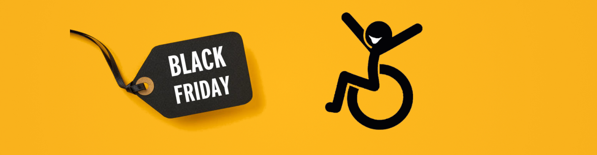 Witte tekst black friday op zwarte laber, op okerkleurige achtergrond en zwarte rolstoelgebruiker