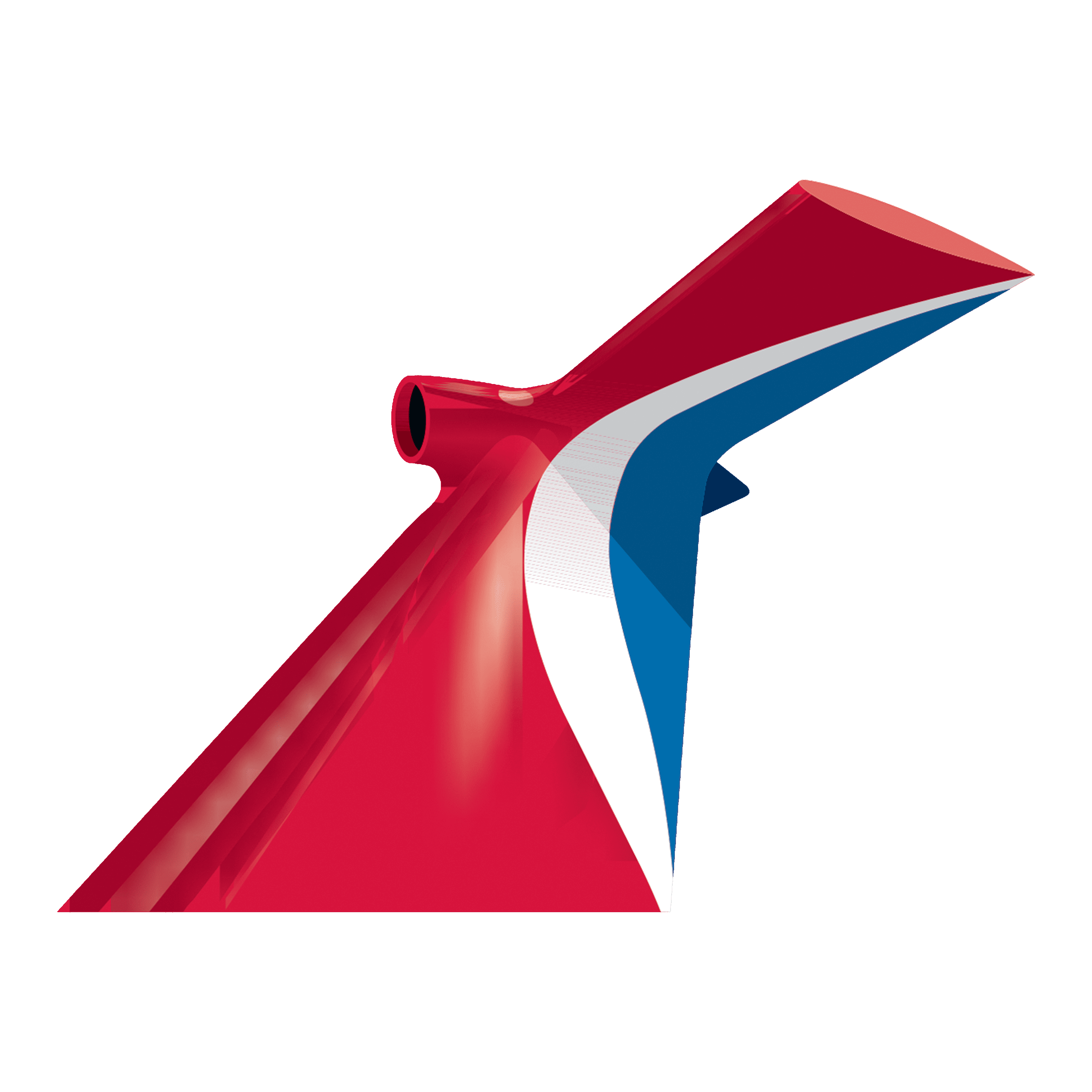 Carnival Cruise Line-logo in de vorm van een gestileerde rode, witte en blauwe zeilstaart, op een transparante achtergrond.